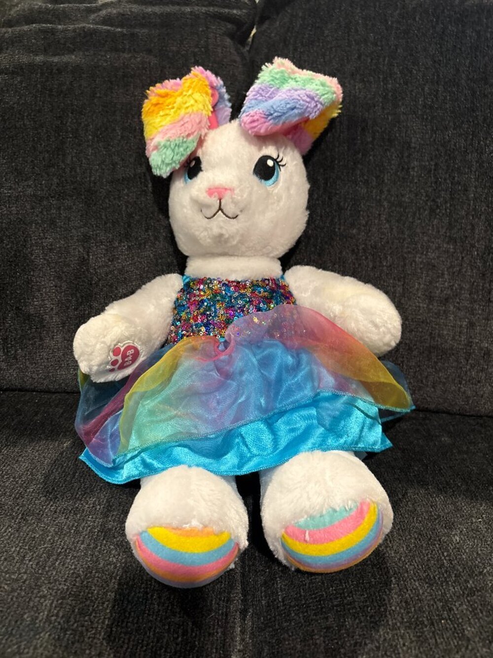 Build-A-Bear Workshop Sweet Stripes Bunny with Rainbow Sequin dress